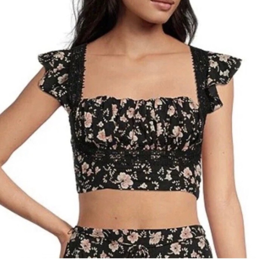 Free People Bijou Black Floral Smocked Crop Top Dainty Lace Size 2 Romantic NWT - Picture 6 of 11